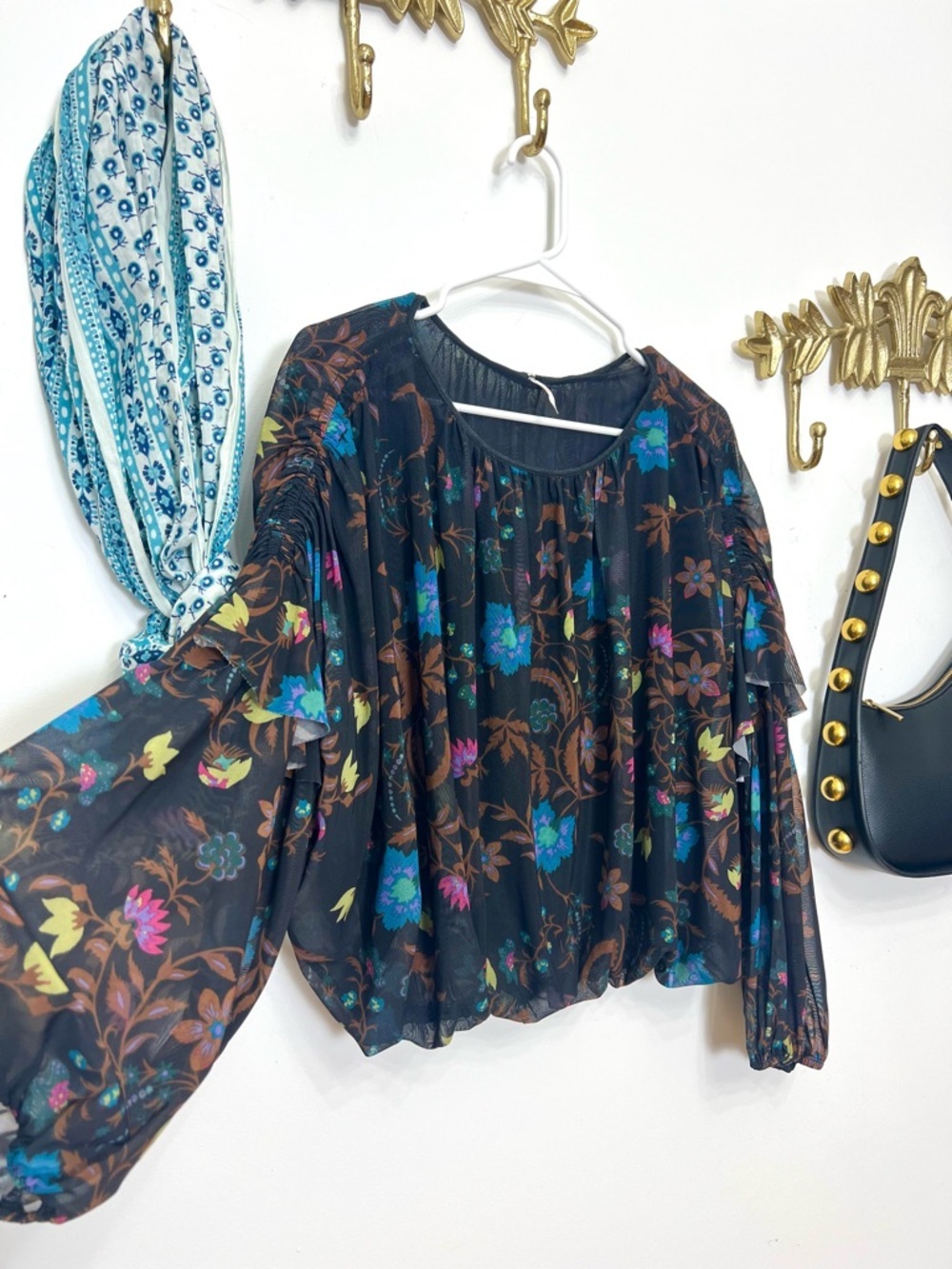 Free People Black Floral Sheer Peasant Blouse with Turquoise & Pink Accents - Picture 3 of 5